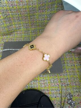 Van Cleef & Arpels Gold Bracelet with Pink Alhambra Motifs